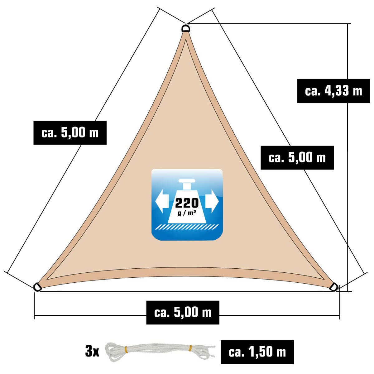 AMANKA 5x5x5 Voile d'Ombrage Triangulaire Respirante - Toile de Jardin UV avec Fixation Acier INOX
