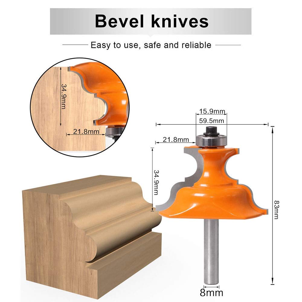 Fresa de carburo, Broca de carburo de tungsteno con vástago de 8 mm for base de pedestal, ideal for molduras arquitectónicas y puertas de gabinetes.