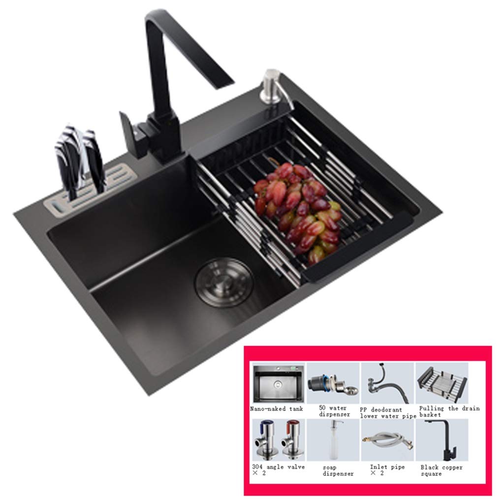 ZQFHSX Kitchen Fixtures Square Sink Black 304 Stainless Steel Household Single Basin Nano Scratch-Resistant for Bench and Flush Mounting (Color : Black, Size 60 * 45 21cm)