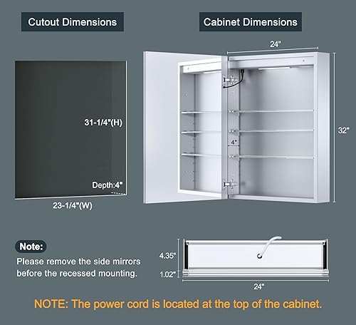 Miniatura 2 de Botiquín de 24 x 32 pulgadas con luces, marco de aleación AL, enchufable o cableado, empotrado o montaje en pared, puertas de espejo3