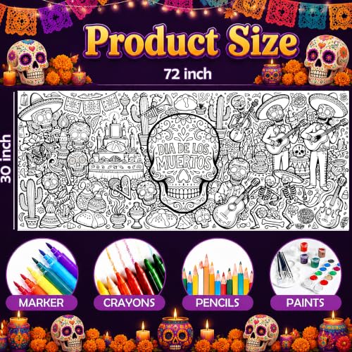 Image of Dia De Los Muertos Crafts for Kids - Day of The Dead Giant Coloring Poster | 30 x 72 Inches Jumbo Coloring Banner - Kids Gifts Activities Toys Dia de Los Muertos Party Favors Decorations | Kids Games