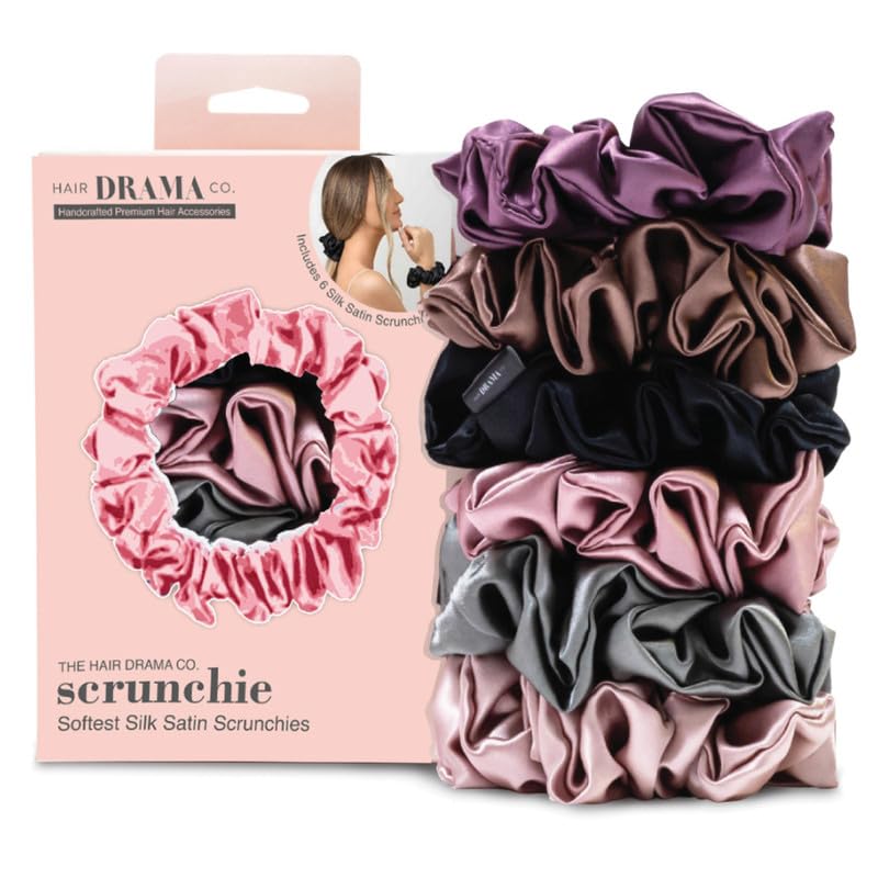 Hair Drama Co. Hair Satin Silk Scrunchies Set of 6 for Women | Large Hair Scrunchie for Women | Metallic Ponytail Scrunchies | Premium Silk Scrunchie for Ponytail Holder