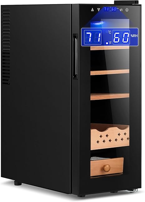 Electric Humidifier Cabinet with Constant Humidity & Temperature System, Gift for Men Designable 1.2 Cu Ft Cooler Box with Stickers, Spanish Cedar Wood Drawer Shelves for 250 Capacity (35L)