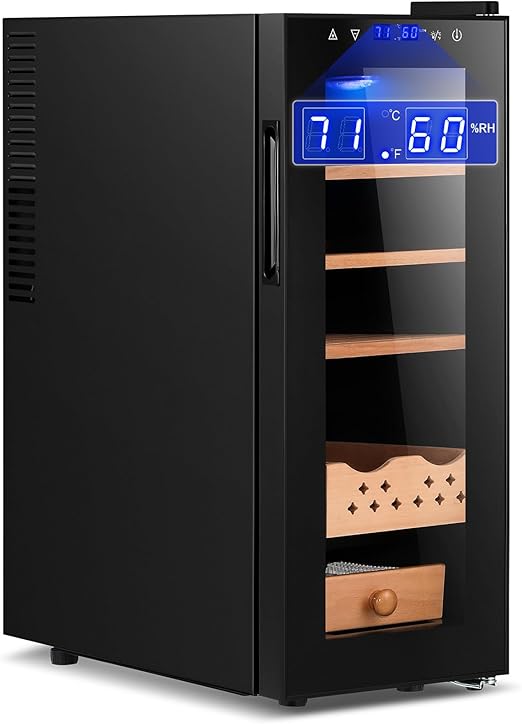 Electric Humidifier Cabinet with Constant Humidity & Temperature System, Gift for Men Designable 1.2 Cu Ft Cooler Box with Stickers, Spanish Cedar Wood Drawer Shelves for 250 Capacity (35L)