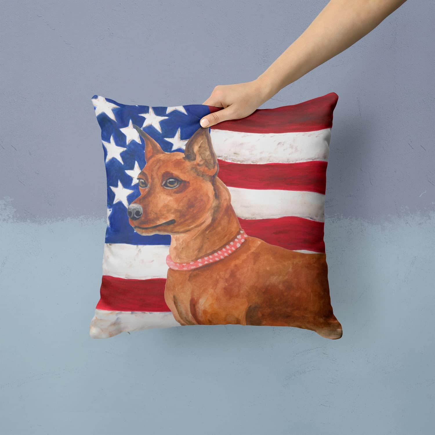 Caroline's Treasures BB9656PW1414 Miniature Pinscher Patriotic Fabric Decorative Pillow Machine Washable, Indoor Outdoor Decorative Pillow for Couch, Bed or Patio, 14Hx14W