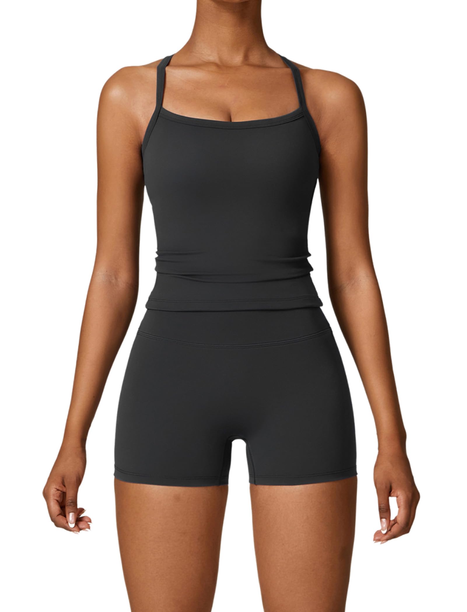 QBGJTD Two Piece Workout Sets For Women Tank Top Matching High Waist Booty Lifting Shorts Gym Yoga Active Wear Outfits