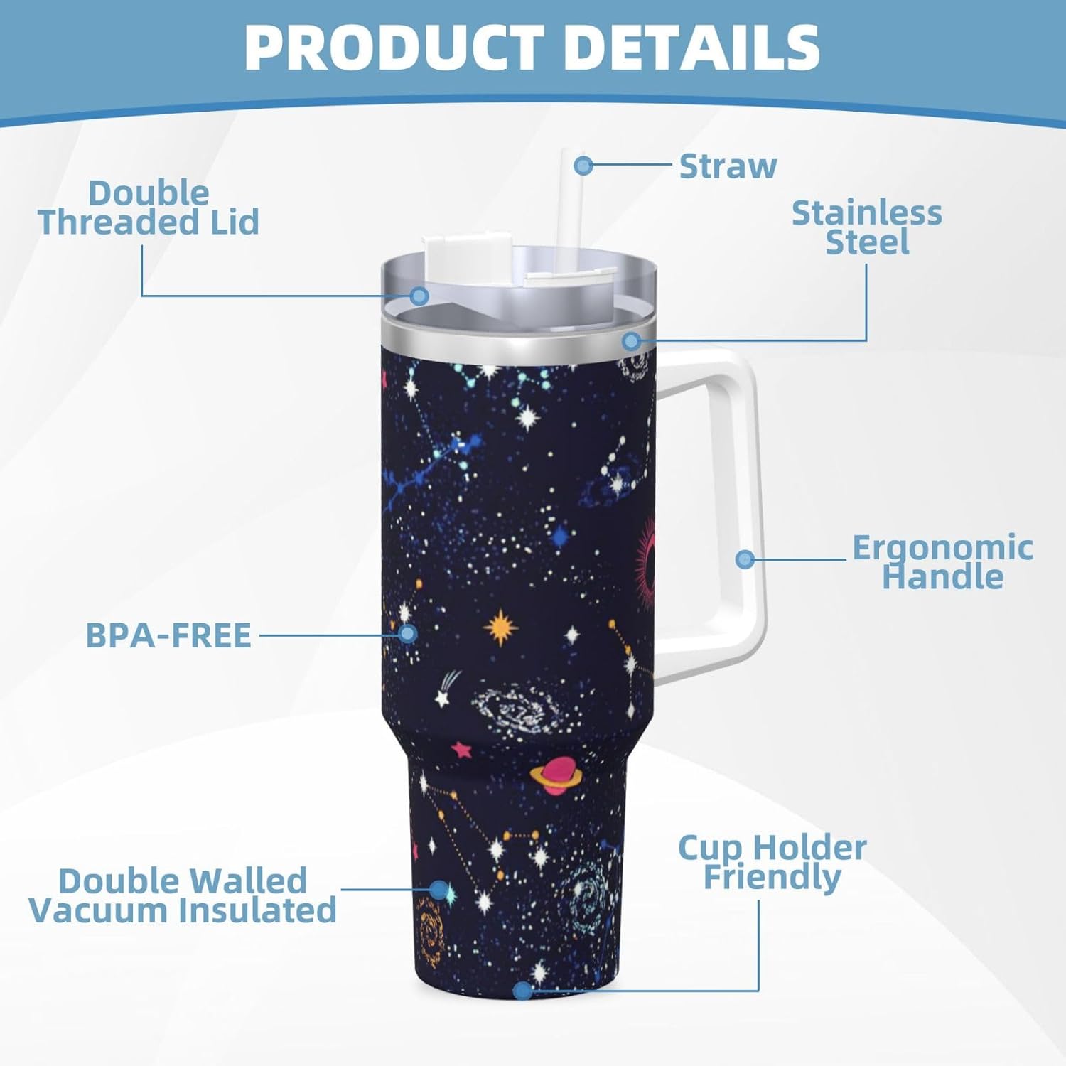 40 OZ Star Constellation Map Print Ice Bully Cup with Handle Straw Lid Straw,Stainless Steel Tumbler Coffee Cup
