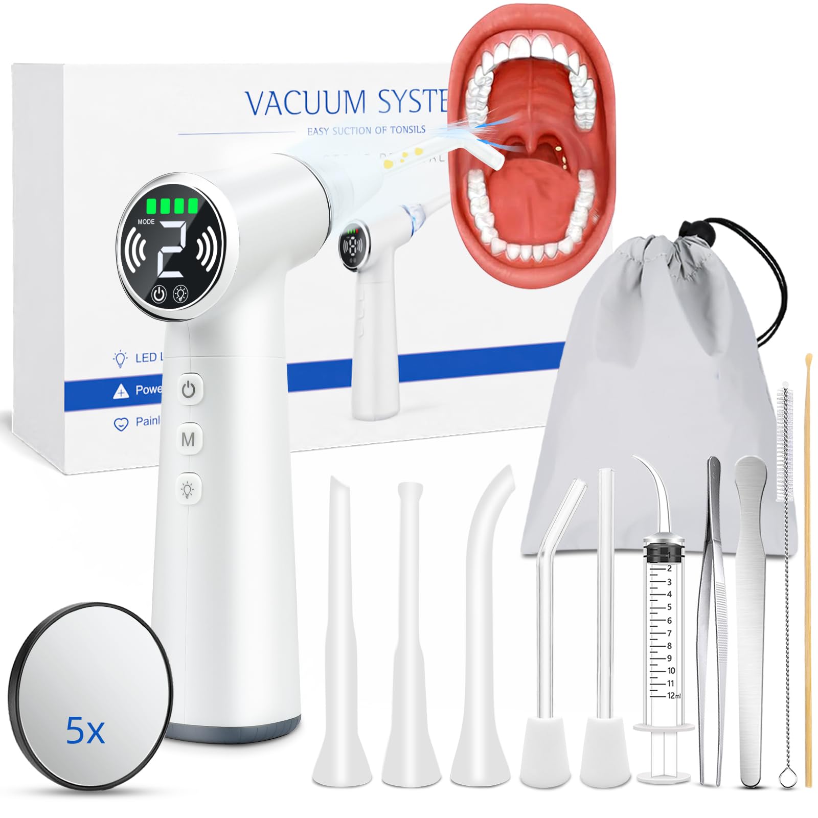 Tonsil Stone Remover Tool with 6-Level Suction for Bad Breath Prevention (White)