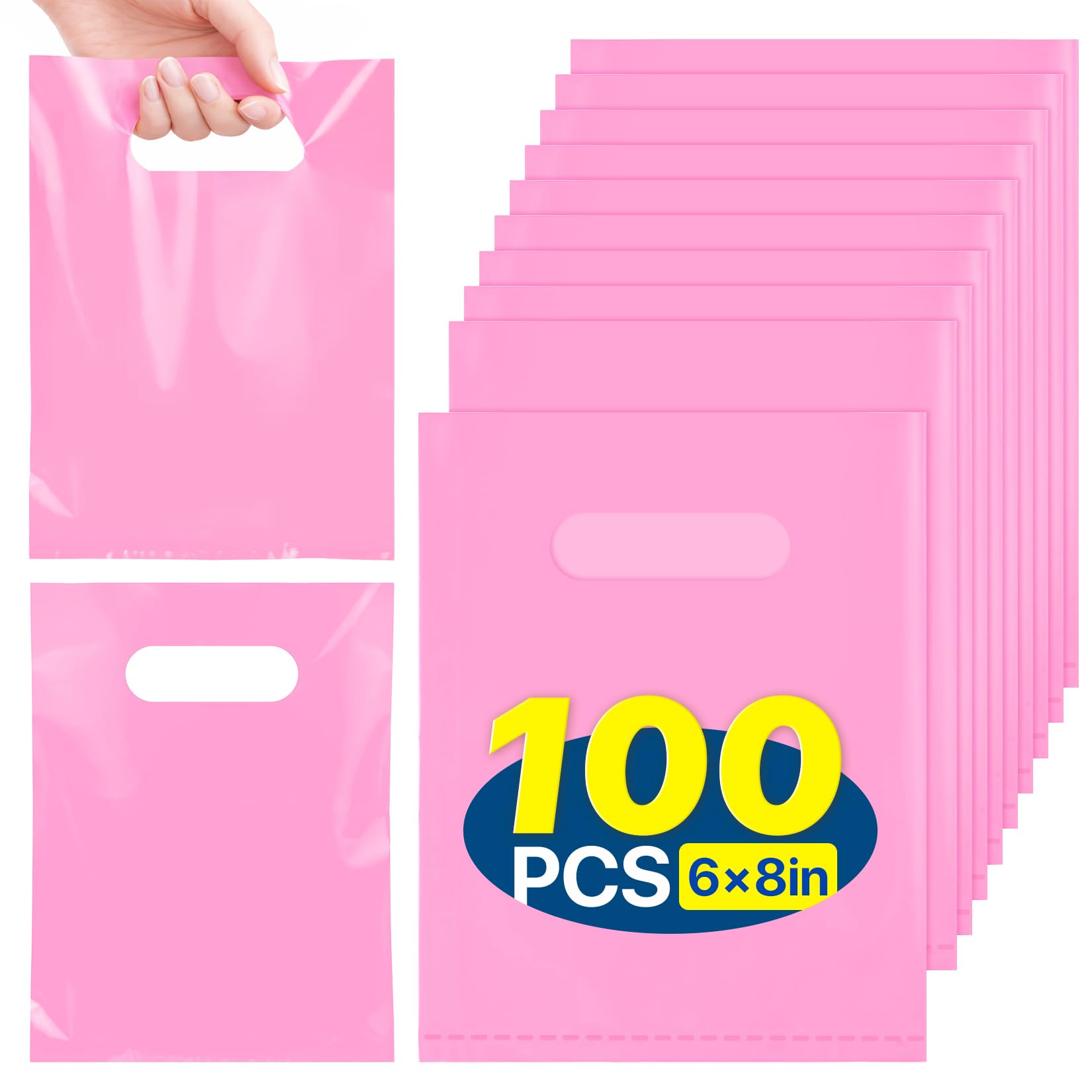 ANZNKU 100 PCS Party Favor Goodie Bags, Small Gift Bags Pink 5.9x7.9 | Reusable Plastic Gift Pouches Bulk with Handles, for Kids Birthday Party & Halloween, Candy Treat Snack Craft Sample Packing