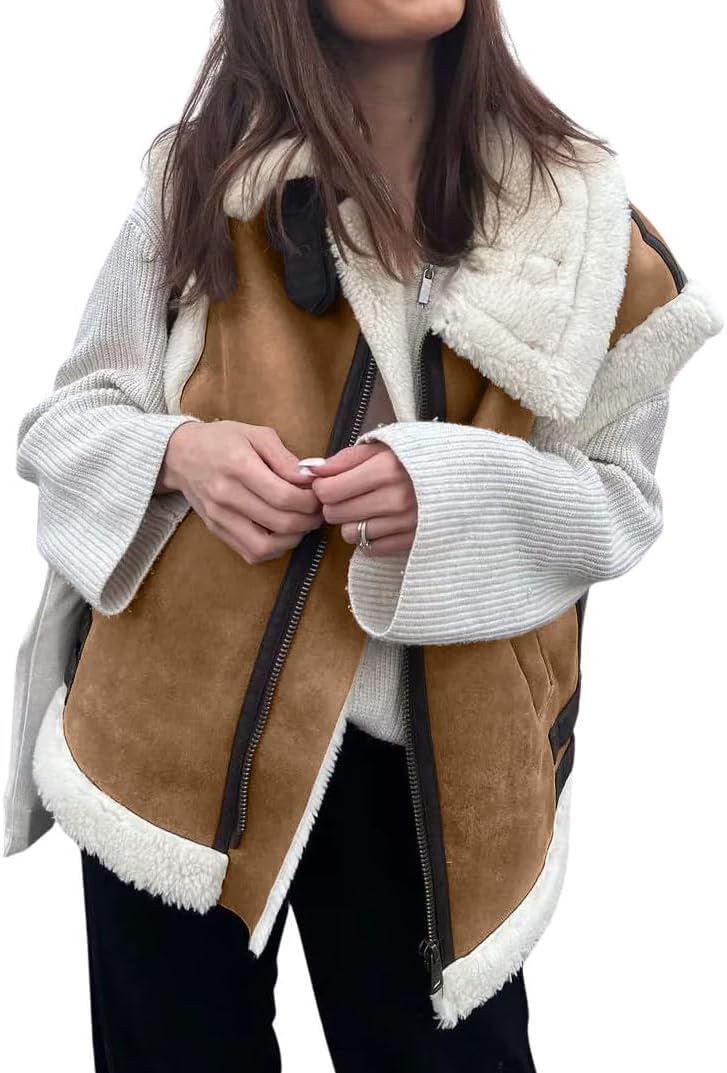loveimgs Women's Winter Warm Suede Sherpa Leather Vest Jacket Zip Up Sleeveless Lambwool Fur Coat with Pockets