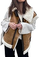 LOVEIMGS Women's Suede Sherpa Vest Jacket - Warm Zip-Up Sleeveless Faux Lambwool Lined Coat with Pockets