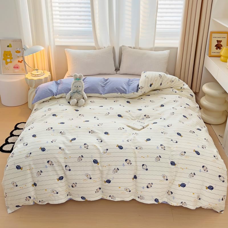 Housse de couette 280x240cm anti-plis parure lit microfibre poissons tropicaux