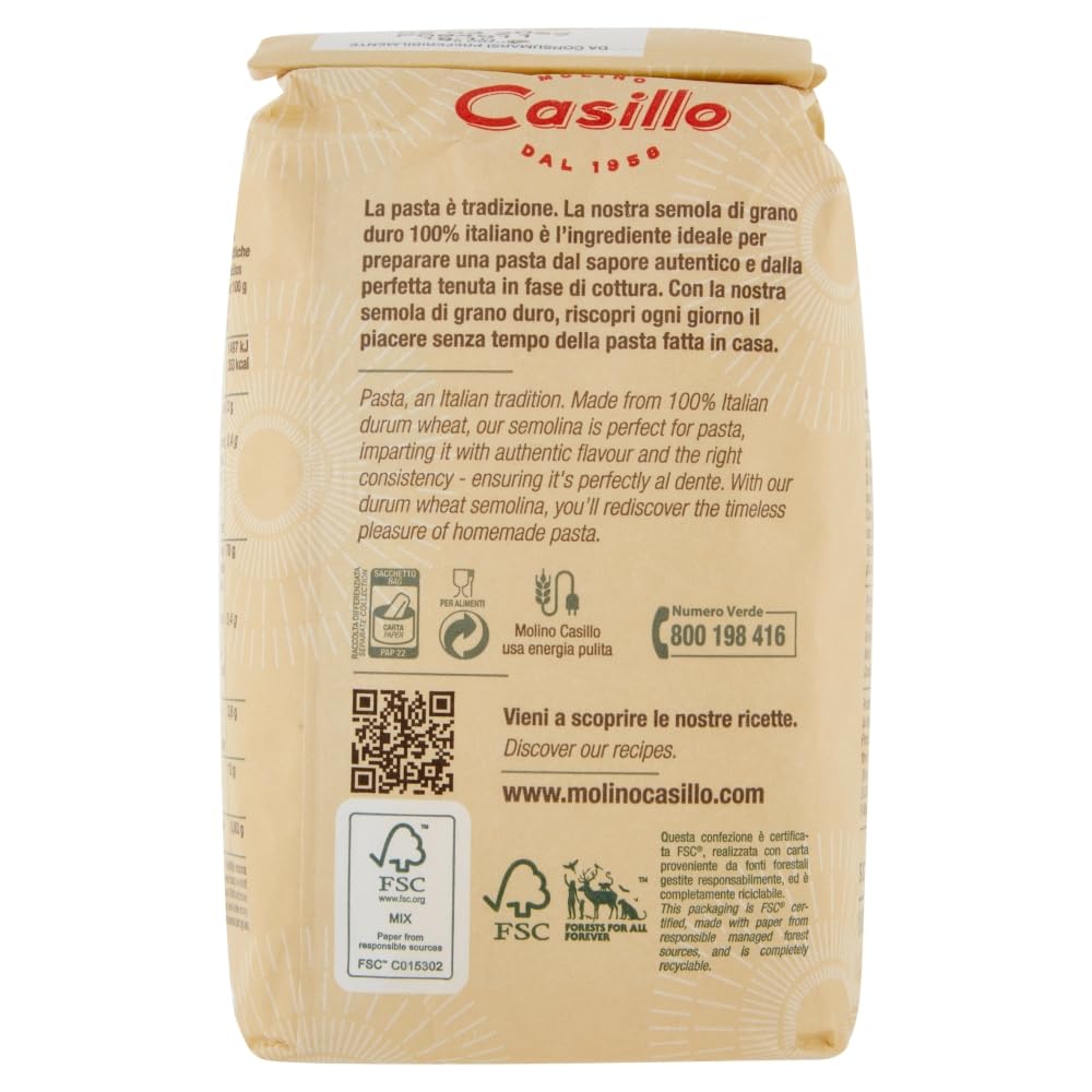 Molino Casillo, Semola di Grano Duro "La pasta", Hartweizengrieß, 100% italienisch, ideal für die Vorbereitung einer Pasta mit einem authentischen Geschmack 20x 1kg + Italian Gourmet polpa 400g