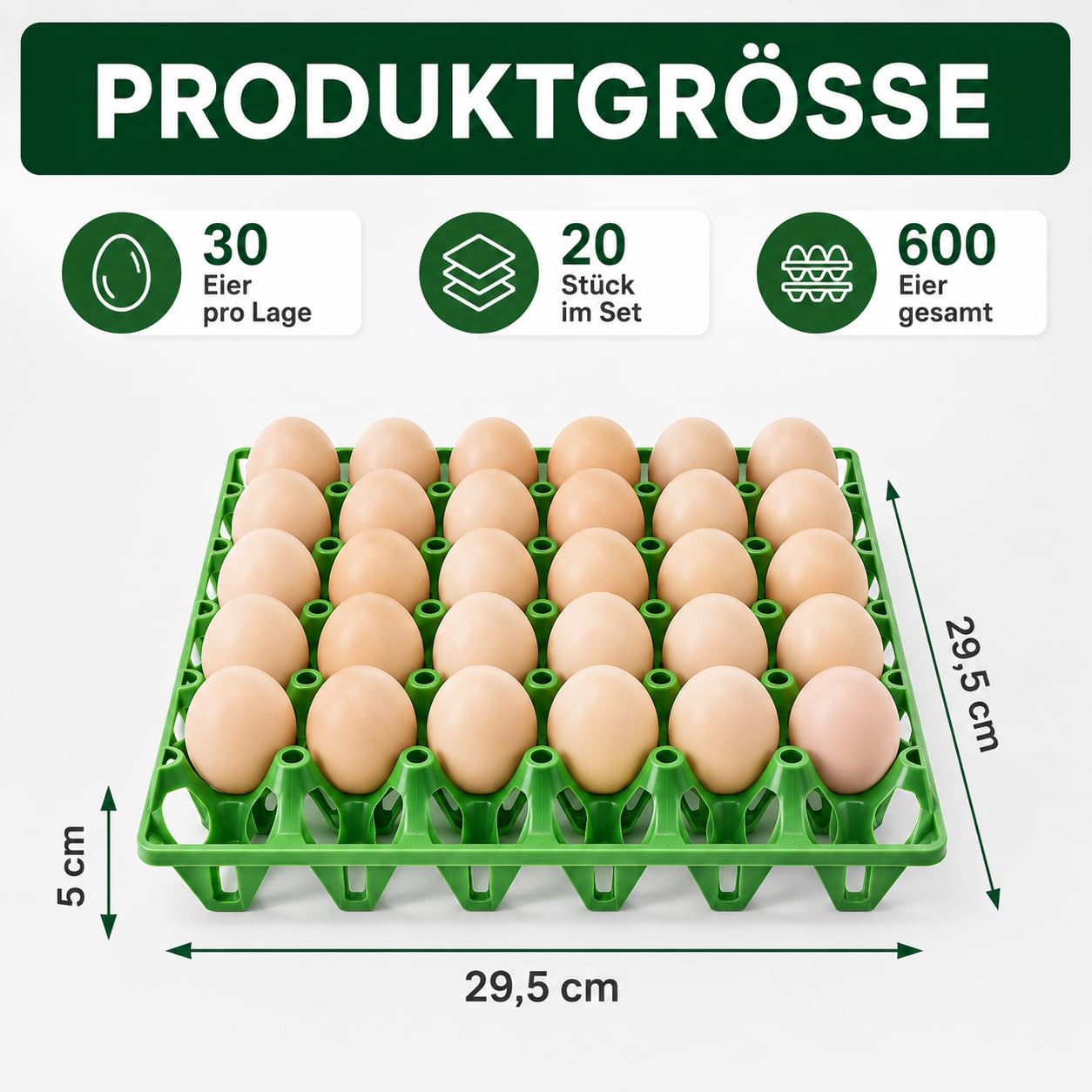 CYEER 20 unidades de hordas de huevos de plástico verde, apilables, 30 unidades, paletas reutilizables de polipropileno para almacenamiento de huevos, transporte, gallinero, agricultura, cocina y