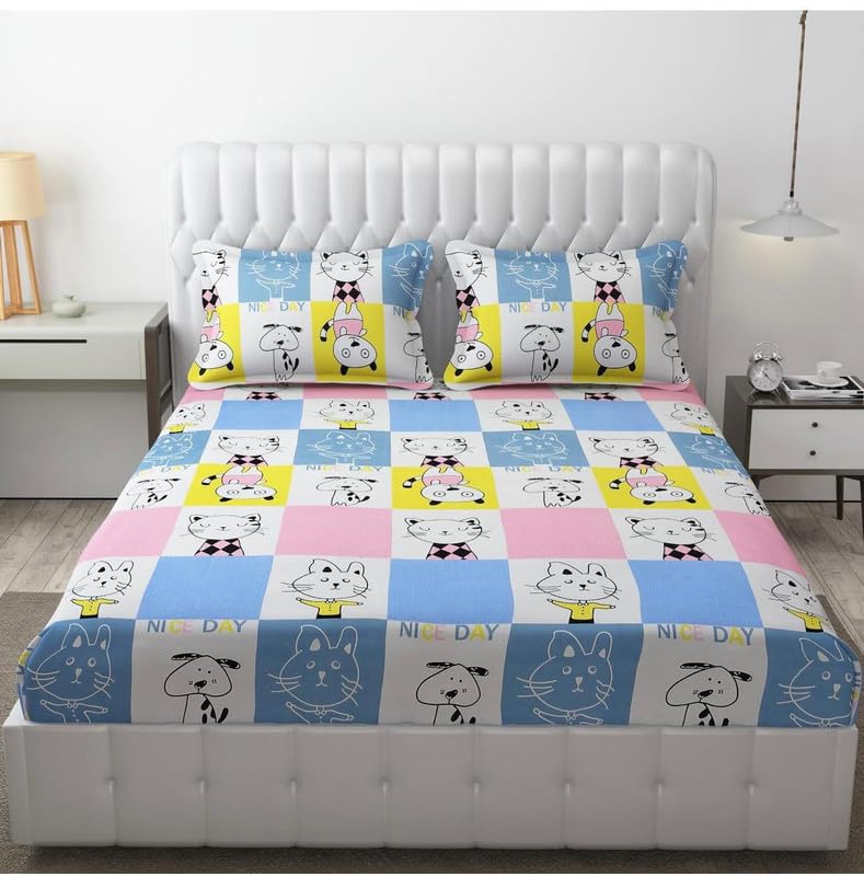 kids bedsheet for queen size bed with pillow cover and made of cotton| soft & breathable | includes 1 bedsheet & 2 pillow covers | fits single/double/queen-bzazkc-13