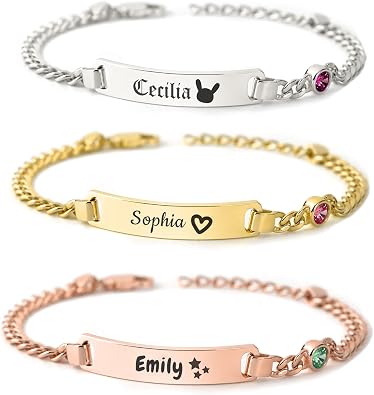 Personalized Bracelets with Birthstone 18K Gold Plated Engraved Name Jewelry for Easter Birthday Baptism Christmas