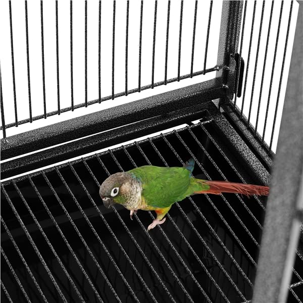 Abician Grande Cage à Oiseaux sur Pied en Métal, Cage d'élevage à roulettes avec Loquet Robuste, Étagère de Rangement, 136cm de Haut, Petits Oiseaux Noir
