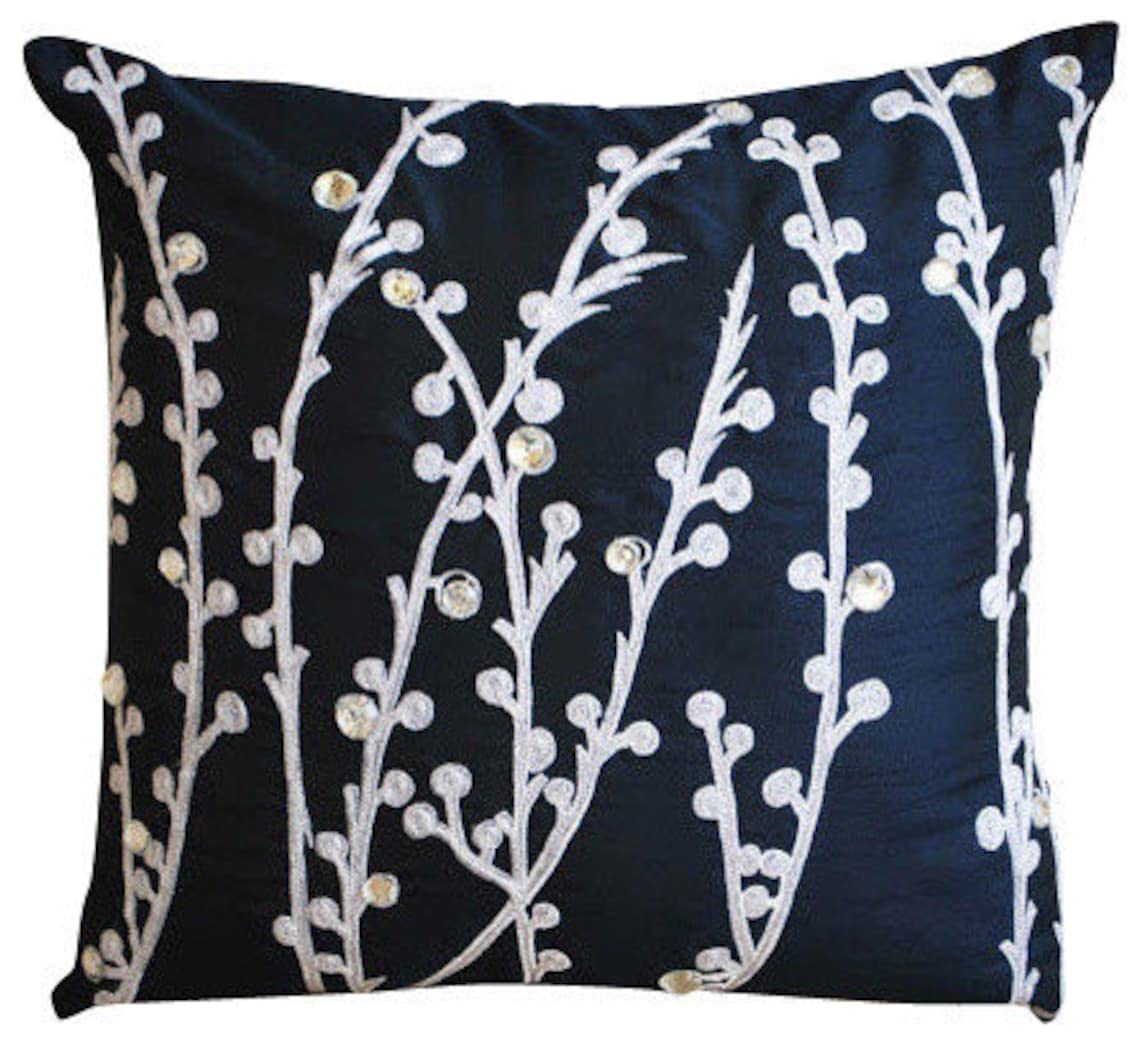 The HomeCentric Navy Blue Throw Cushions Cover Willow Design Pack of 2, 55x55 cm (22"x22") Square Throw Silk Pillowcase for Living room, Bedrooms, Sofa, Floral Contemporary - Navy Blue Willow