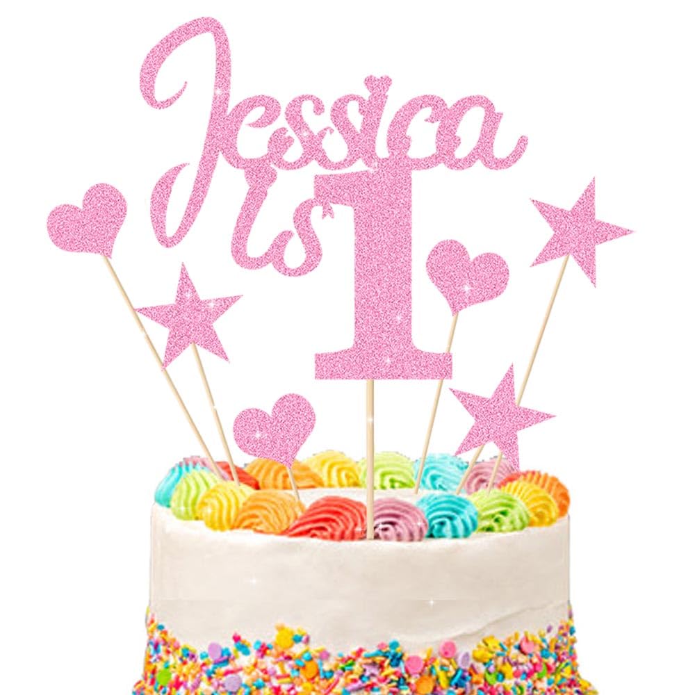 1st Birthday Cake Topper | Personalised 1 2 3 Cake Topper | Happy Birthday Decorations | Double Sided Glitter Card Any Name Age Customized - Multicolour Glitter Cake Decoration(Baby Pink)