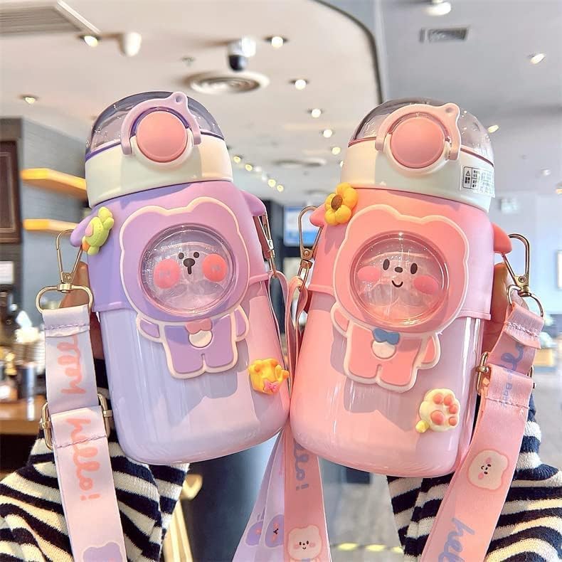 Miniatura 4 de Kawaii Bear - Botella de agua con popote y correa para el hombro, a prueba de fugas, de acero inoxidable al vacío, sin BPA, lindas botellas de agua