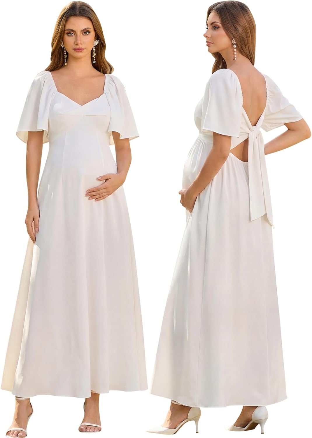 KUTUMAI Summer Maternity Baby Shower Photoshoot Dress Pregnancy Wedding Guest Bow Tie Long Maxi Dresses with Pockets