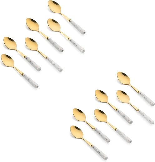 MGeezz Golden Stainless Steel Spoon Set for Home Kitchen & Restaurant Cutlery Dinner Table Bouillon Spoon with Ceramic Handle Tableware (Golden Small Spoon Set of 12-15 Centimeters)