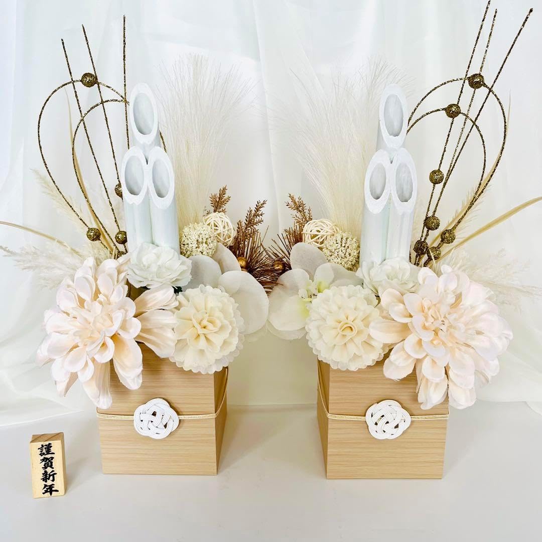 お正月飾り 門松 白 ニュアンスカラー くすみピンク 白 つばき 和