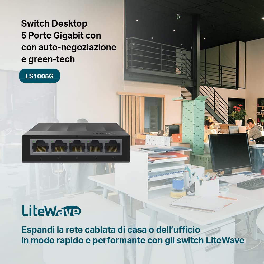 TP-Link LS1005G Switch Ethernet 5 Porte Gigabit, Sdoppiatore Ethernet, Ideale per la Casa e il Ufficio, Plug-and-Play, Funzionamento Silenzioso, Montaggio Desktop