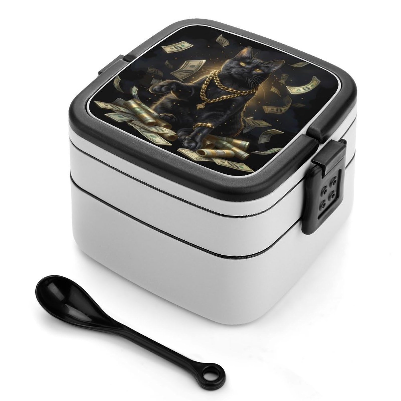 CGSBNGHA Funny Black-Luckcat Money Dollar Bento Lunch Box 2 Layer Lunchbox Food Container for Adults Office