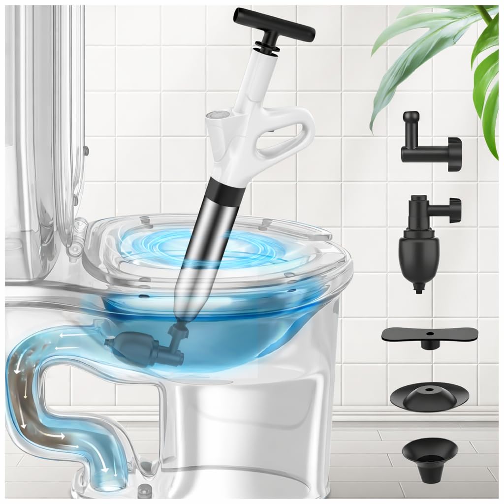 Desatascador tuberías profesional a presión, destapador de cañerías con manómetro visible, apto para WC, lavabos y fontanería del hogar(Off-white)