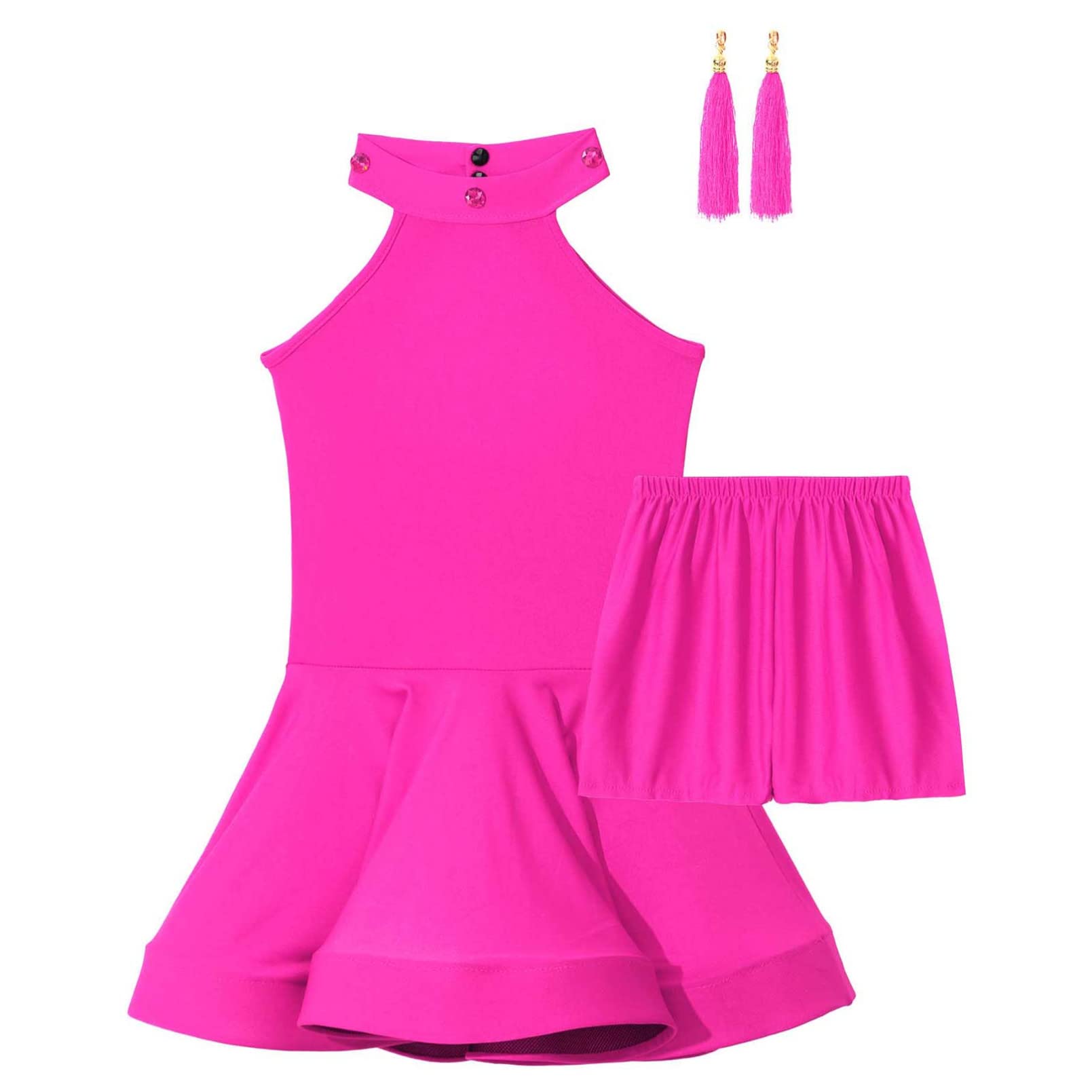 inhzoy Vestito da Ballo Latino Americano Bambina Ragazza Latin Dance Dress Abito da Danza Samba Tango Salsa + Pantaloncini + Orecchini con Nappe Ballroom Dancewear Performance