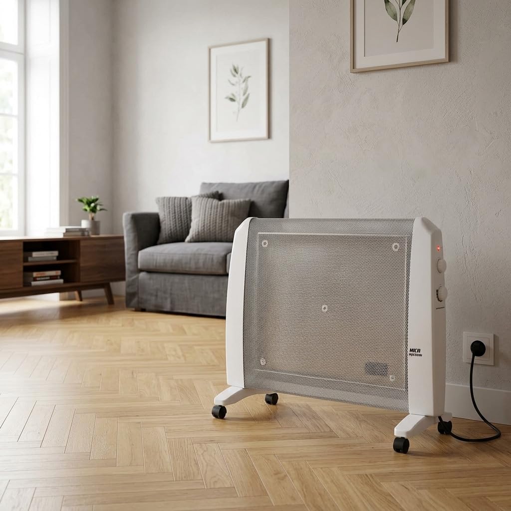Suinga Radiador de Mica 1500 W | Estufa Eléctrica con Termostato Regulable | 2 Niveles de Calor 750-1500 W | Seguridad Antivuelco y Sobrecalentamiento | Con Ruedas