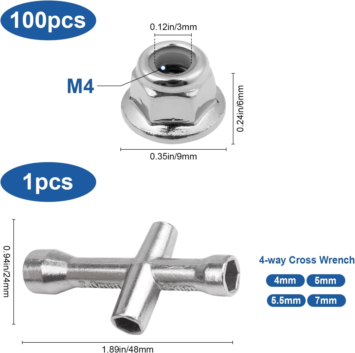 100PCS M4 Lock Nuts & Cross Wrench Hardware Tool Kit for Traxxas Axial Arrma Tamiya Redcat 1/10 RC Monster Truck Crawler Buggy Drift On-Road Car
