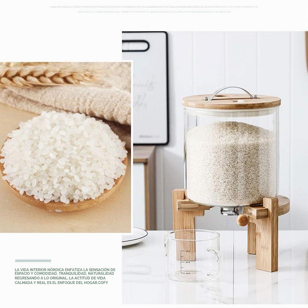 Recipientes de Cristal para Alimentos, Dispensador Cereales, Tarros de Cristal con Tapa, 5L, Recipientes para Cereales, Arroz e Copos de Maíz, Soporte de Madera