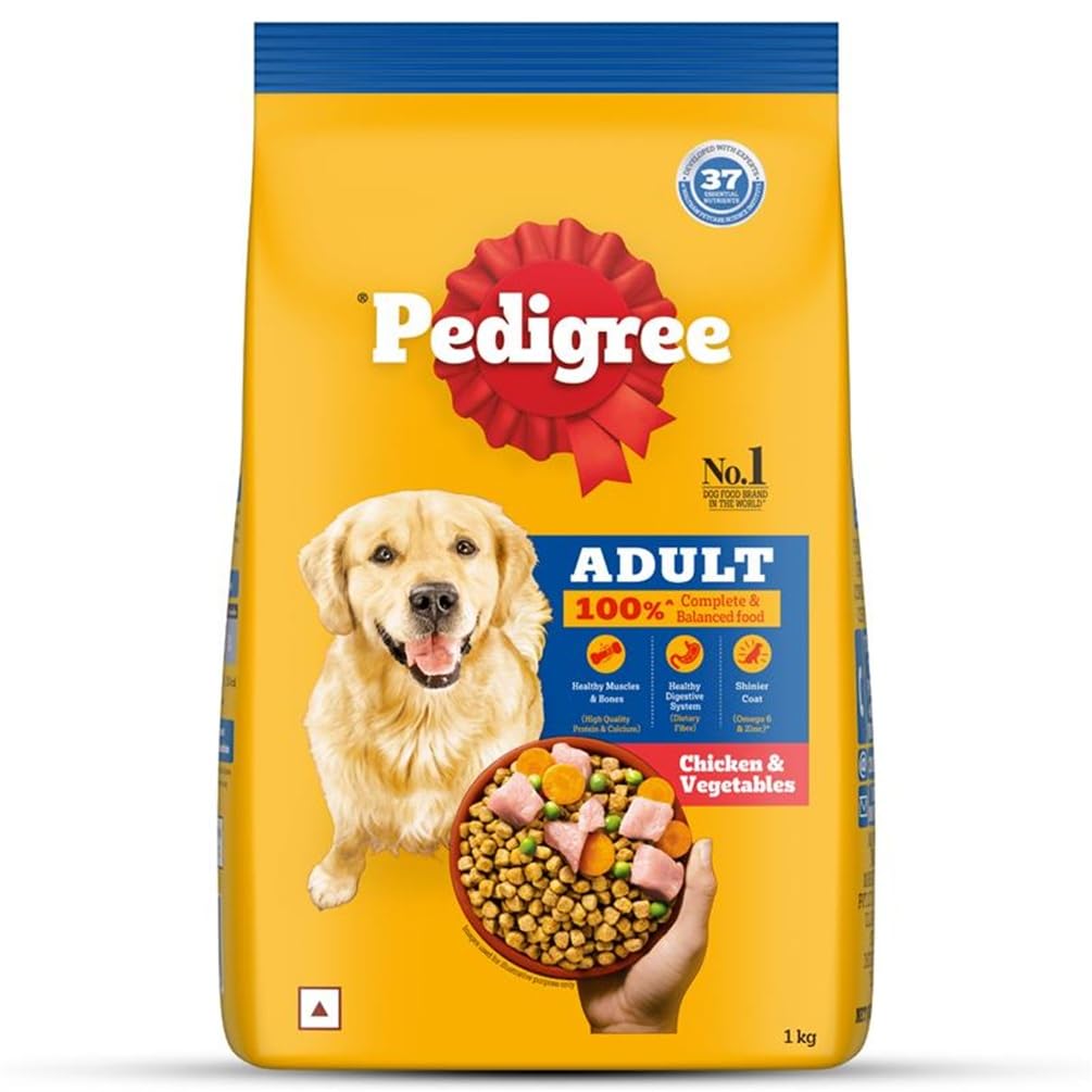 Pedigree Adult Dry Dog Food, Chicken & Vegetables, 1 kg, Contains 37 Essential Nutrients, 100% Complete & Balanced Food for Adult Dogs