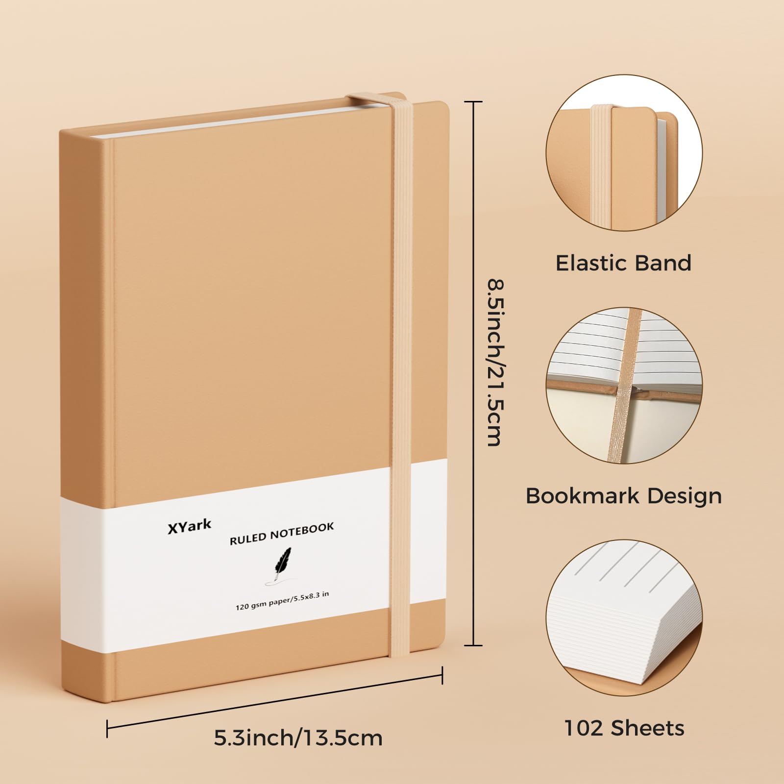 XYark A5 Line Kraft Notizbuch Journals Bulk, College liniert, Hardcover, Schreibunterricht, Zusammensetzung Notizbücher mit liniertem Papier, 2 Stück, 120 gm², 102 Blatt, 14 x 21,1 cm,