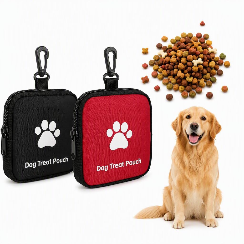 Cosiesnest 2Pcs Small Dog Treat Bag, Black & Red Puppy Training Treat Pouch with Carabiner and Zip | Pocket Size Hands‑Free Pet Walking Treats Pouch for Dog Lead, Outdoor Walking and Travel Use