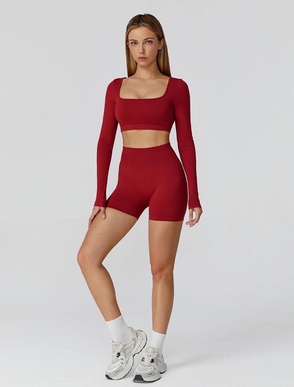 ABOCIW Workout Sets for Women 2 Piece Seamless Long Sleeve Crop Top Scrunch Butt High Waisted Shorts Gym Sets