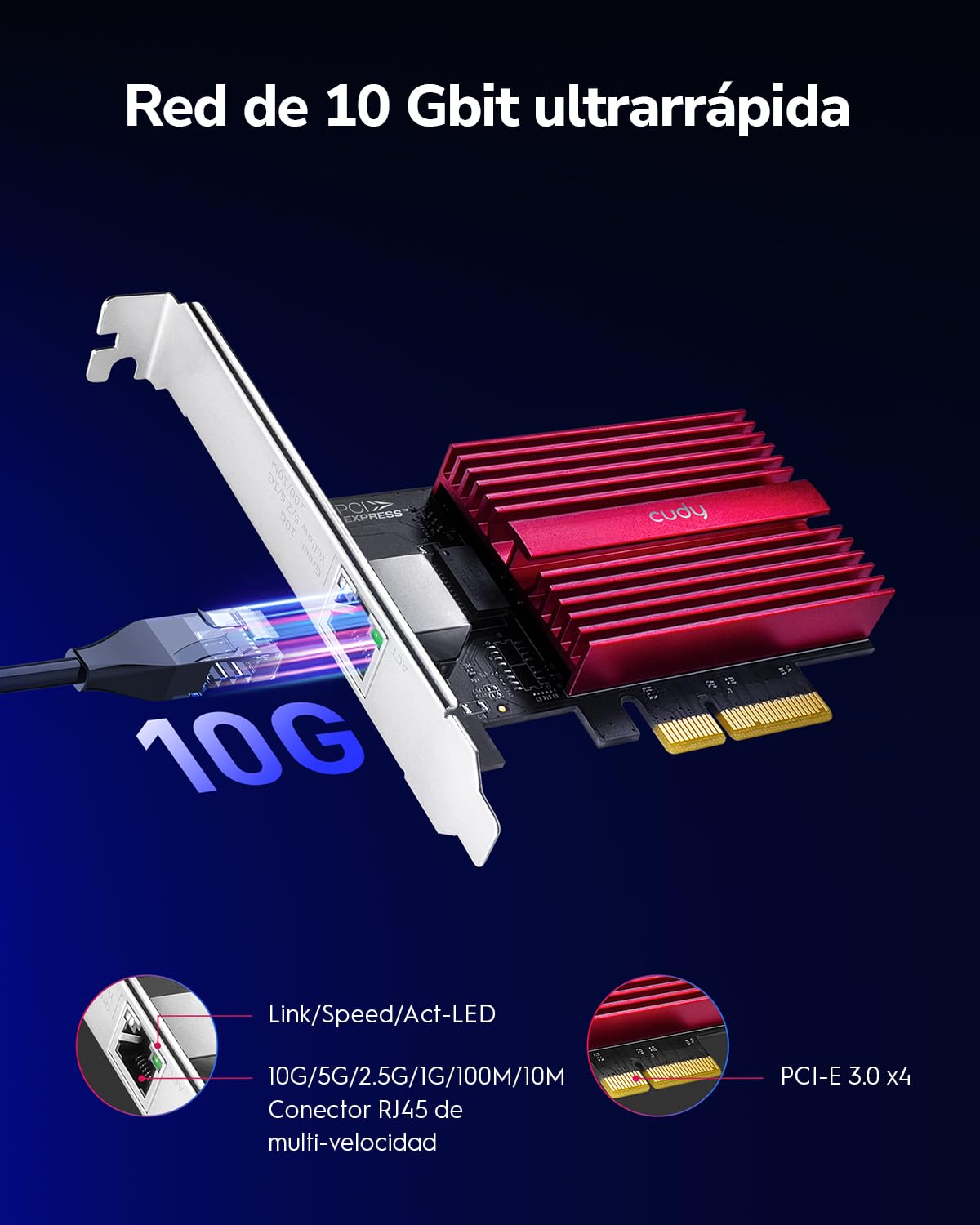 Cudy Tarjeta de red PCIe de 10 GB, adaptador PCIe Base-T de 10 G, control de flujo, adaptador PCIe a 10 Gigabit Ethernet, compatible con Windows 11/10, WindowsServer 2022 y Linux, incluyendo cable de