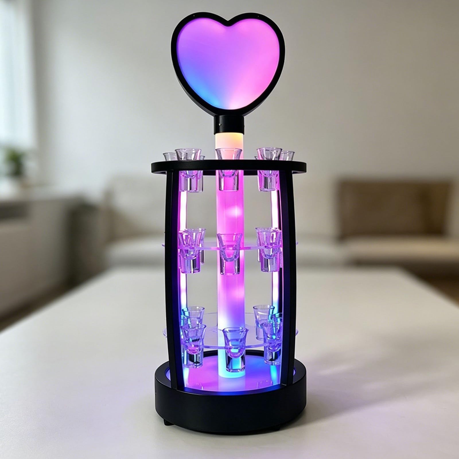 richigblosmum LED Illuminated Heart Cup Holder, Multi-Layer Shot Glass Rack, Rechargeable Iron Bar Display for Cocktail Parties, Nightclubs, KTV, and Home Bar 24holes