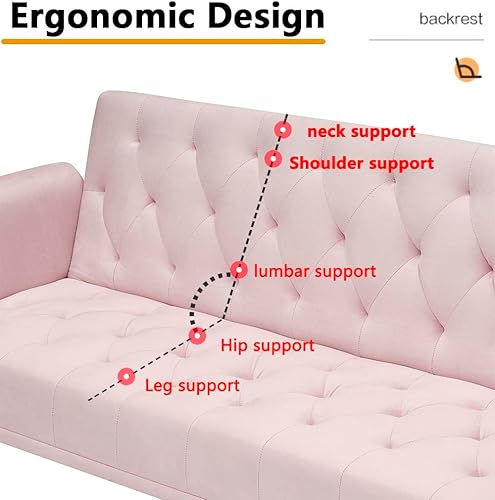 Miniatura 6 de Majnesvon Sofá cama tipo futón rosa de 71 pulgadas tela de terciopelo de espuma viscoelástica, 2 almohadas de pies de metal dorado, respaldo