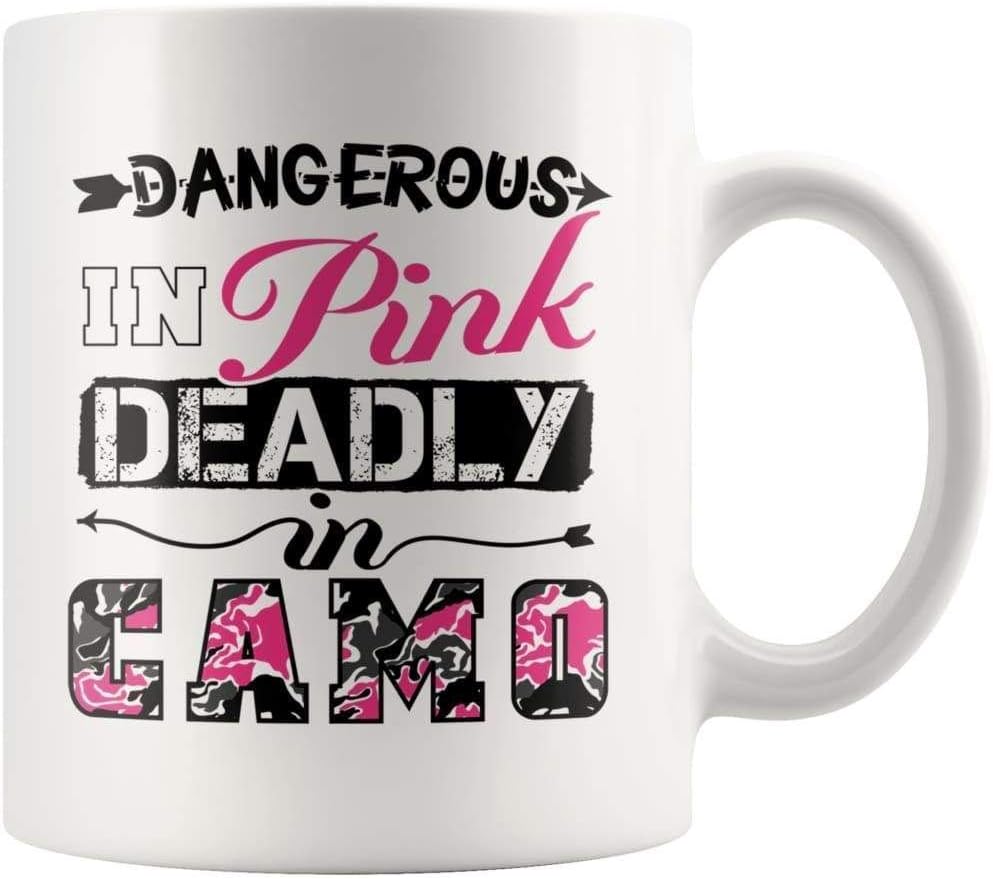ODDITEES Funny Hunting Mug Dangerous In Pink Deadly In Camo Coffee Cup 11oz White