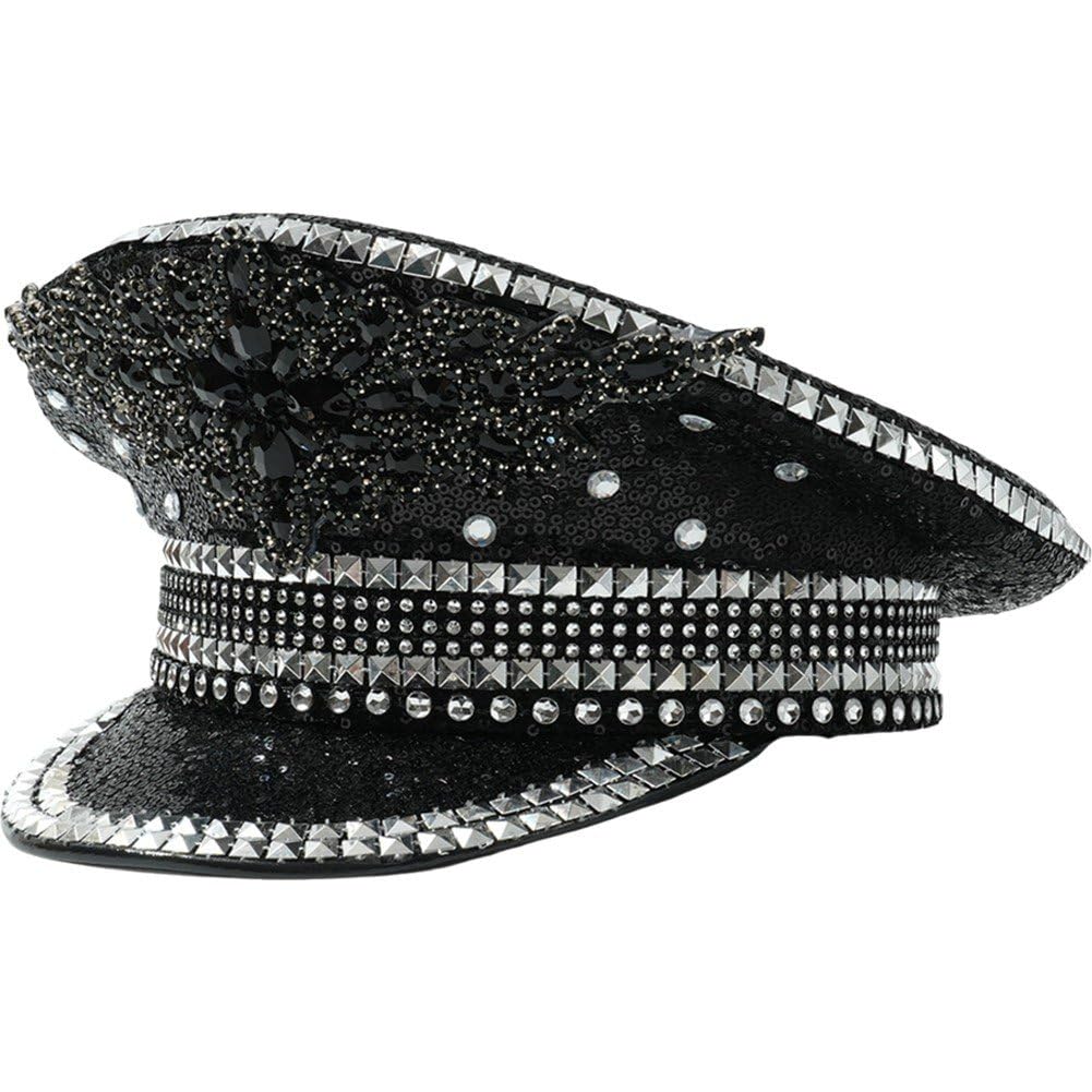 Cappello Militare con Paillettes per Uomo Cappello Punk con Paillettes Cappello Festa Decorazioni in Berretto Scuro per Festa di Carnevale di Halloween