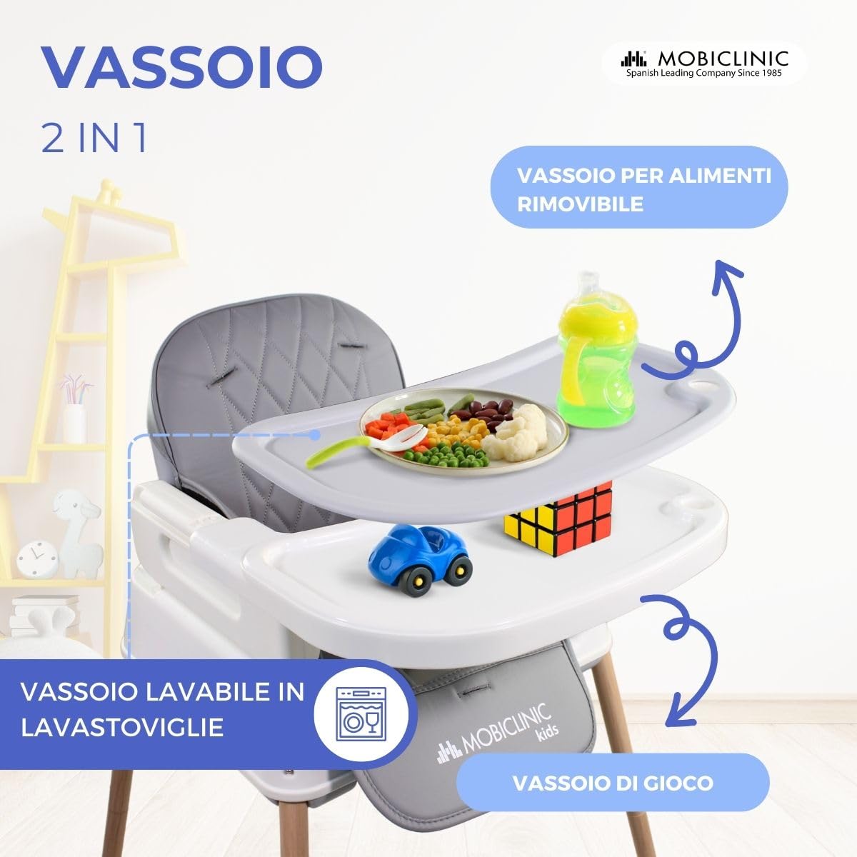 Mobiclinic® kids, Seggiolone pappa evolutivo, 3 in 1, Kiara, + sedia da gioco alto, Pieghevole, Cintura di sicurezza a 5 punti, Vassoio regolabile, 6-36 mesi, Fino 15 kg