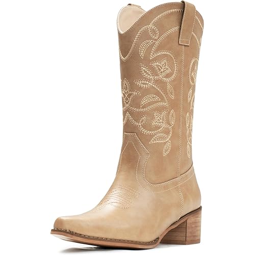 IUV Cowboy Boots For Women Pointy Toe Women's Western Boots Cowgirl Boots Mid Calf Boots