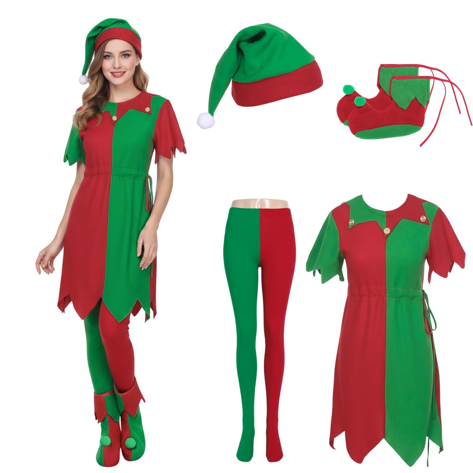 Aleshime Women Elf Costume, Cheeky Elf Christmas Fancy Dress for Adults - Include Red Green Tunic Matching Hat Tights Boots (XXL)