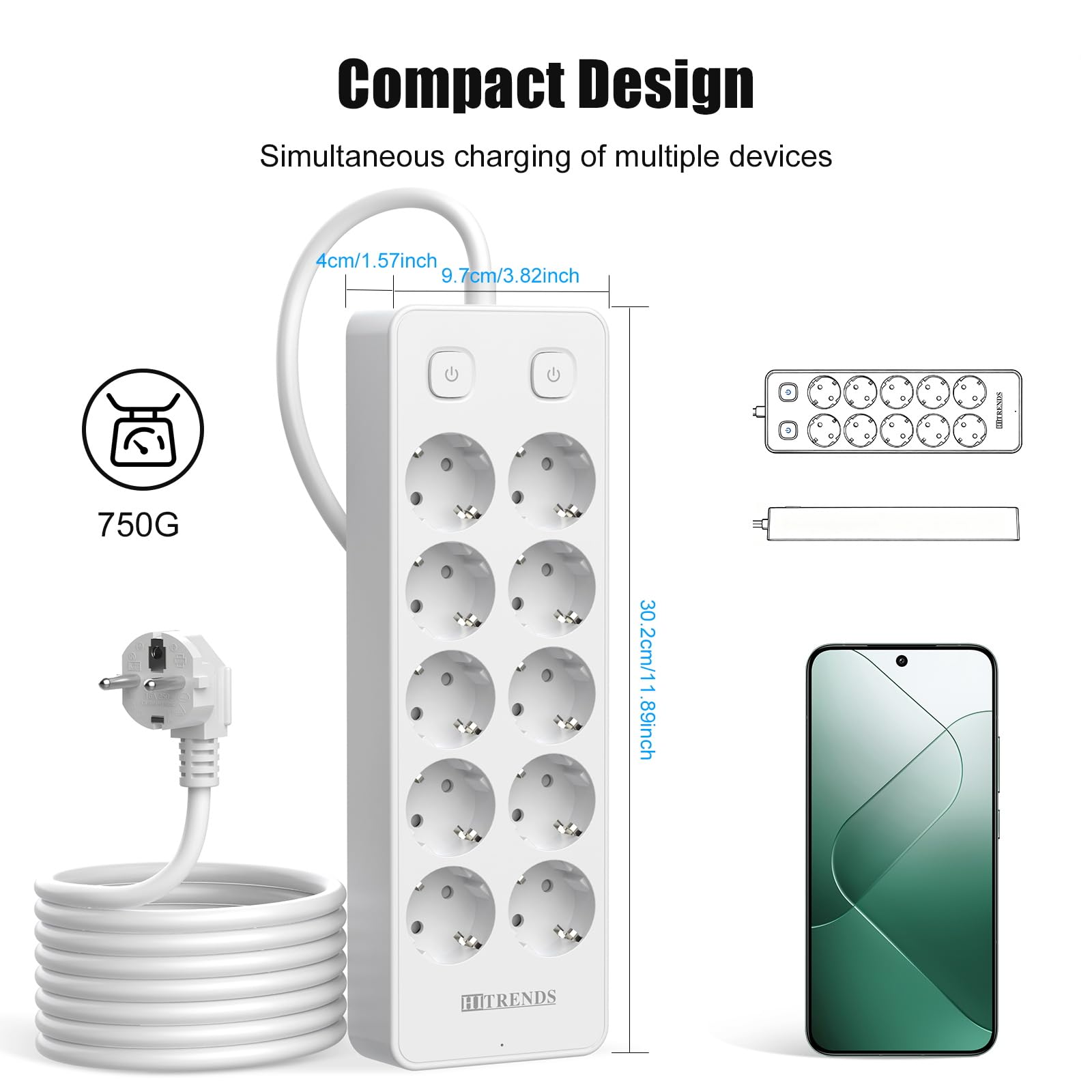 Ciabatta elettrica 10 prese, con 2 USB-A+ 2 USB-C (PD20W), presa con 2 interruttori, presa di distribuzione 230 V, spina multipla 2 m, per casa, scuola, ufficio (bianco)