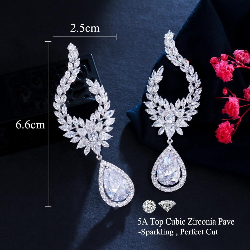 Luxury Long Dangle Water Drop Symmetrical Marquise Cubic Zirconia Wedding Party Earrings For Women Bridal Jewelry - Image 4
