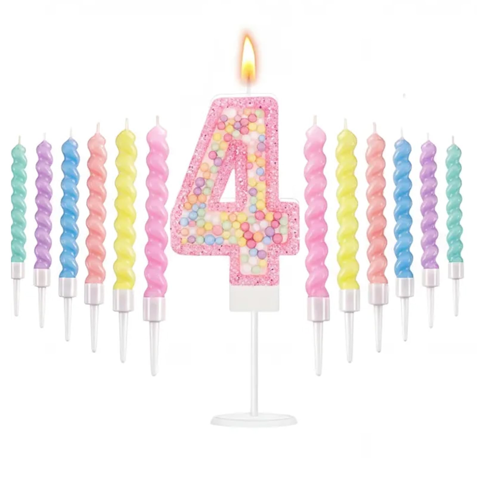 Pink Macaron 4th Birthday Candles Set, Number 4 Birthday Candle with 12pcs Spiral Candles for Girls Boy 4th Birthday Decorations, Rainbow Cake Topper for Party Decoration, Baby Showers Supplies