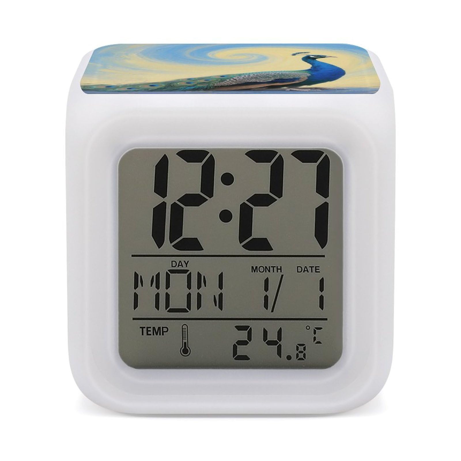 7 Color Ambient Night Light Cube Battery Operated Elegant Peacock Digital Clock with Snooze Temperature LED Digital Alarm Clocks Dimmable Wake Up Light Portable Mood Lamp for Bedroom Desk Gift